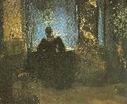 Anna Ancher den vest med bla gardinerre stuefru ancher ved skrivebordet painting